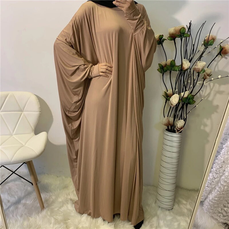 Muslim Women Robe One-piece Prayer Dress Abaya Ramadan Batwing Sleeve Islamic Clothing Plain Saudi Maxi Robe Turkish Modesty