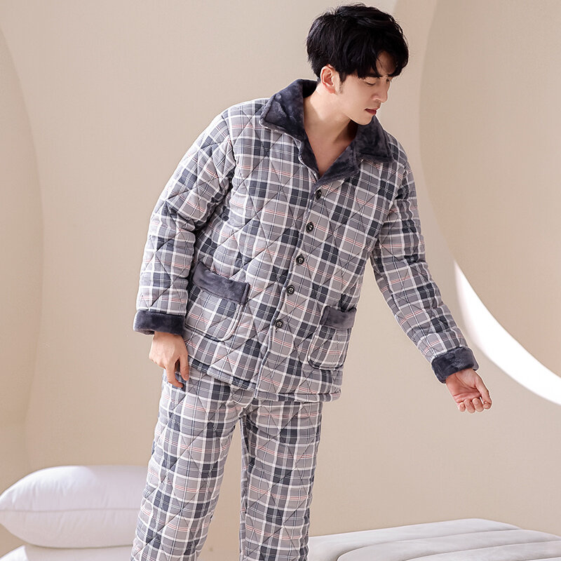 Pijama xadrez espesso masculino, lapela, roupa de casa, pode ser desgastado externamente, inverno