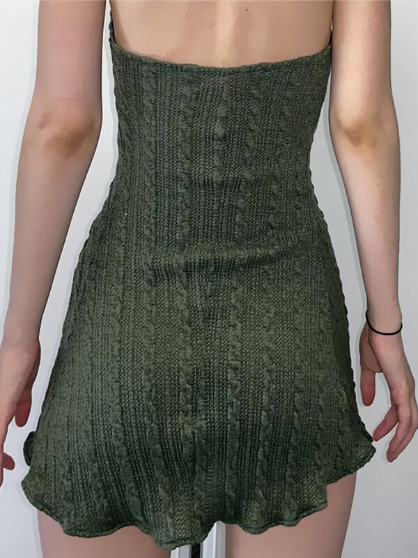 Mini vestidos de malha escura gótica para mulheres, roupas grunge, dobras verdes fadas, gótico, sem encosto retrô, linha A, halter sexy, bainha de alface