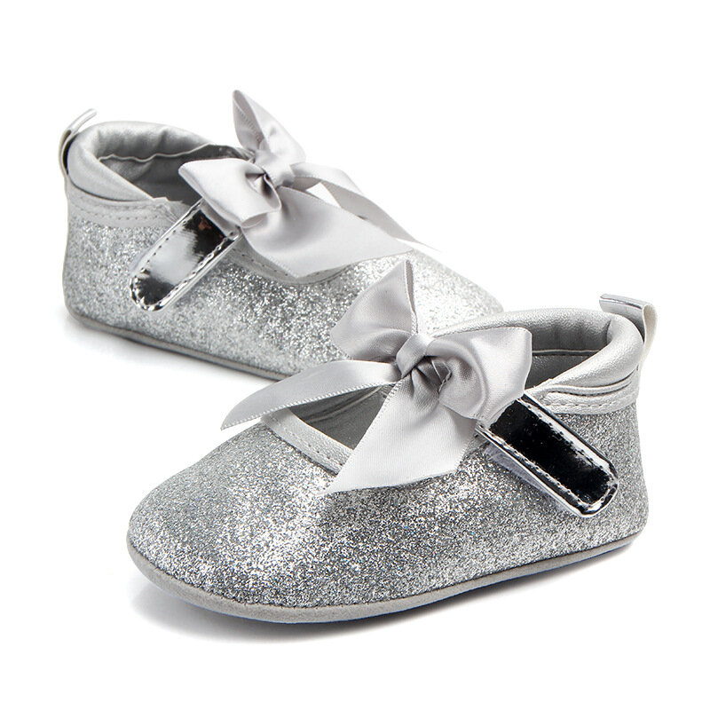 Zapatos de cuna para niñas, calzado de suela suave para recién nacidos, Mary Jane Flats, elegante, dorado, con lazo, artículos para bebés de 1 año