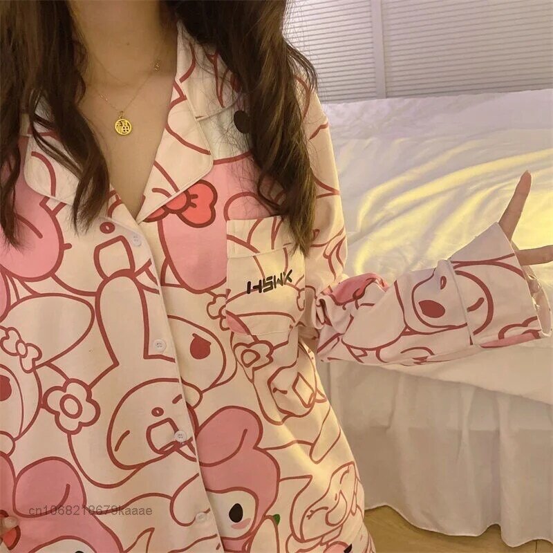 Sanrio Melody สีชมพูเสื้อผ้าฤดูใบไม้ผลิเสื้อแขนยาวกางเกงขากว้างผู้หญิง2ชิ้นชุดชุดนอน Y2k หญิงน่ารักชุดนอนชุด