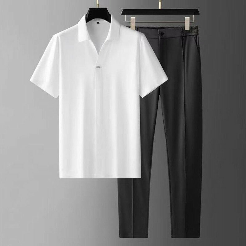 2024 Summer New Fashion Solid Color Ice Silk Short-Sleeved Shirt Set Men's Casual Relaxed Comfortable Breathable Two-Piece Set