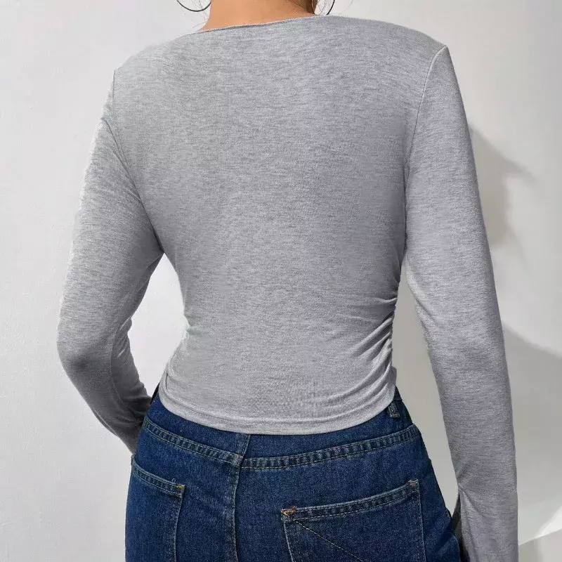 Camiseta de manga comprida feminina, sexy com decote em v grande, slim fit, curta, plissada, mangas largas, roupas da moda, outono, inverno, YSQ39