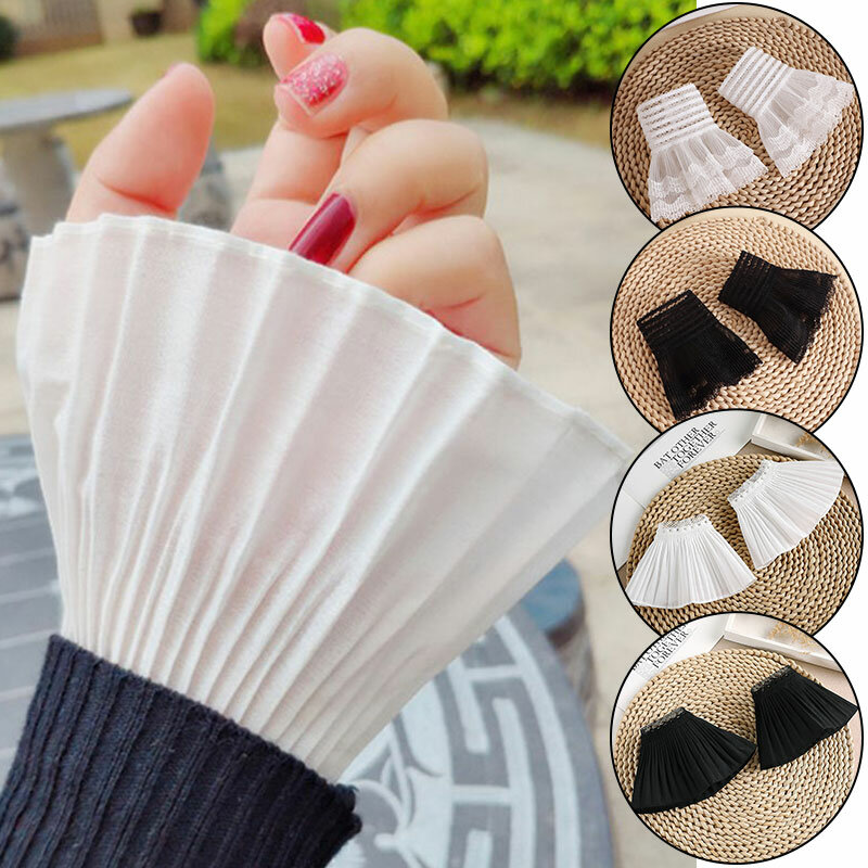 Women Lace Pleated False Cuffs Wrist Warmers Sweater Scar Cover Gloves Elbow Sleeve Cuff Arm Cover Fake Sleeve Cutout Lace 1pair