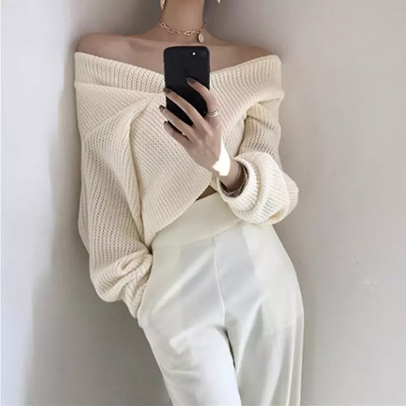 Zimowe i wiosenne damskie 2024 kaszmirowy pulower dekolt w serek seksowne koreański elegancki z dzianiny z sweter opadający na ramiona sweter damski