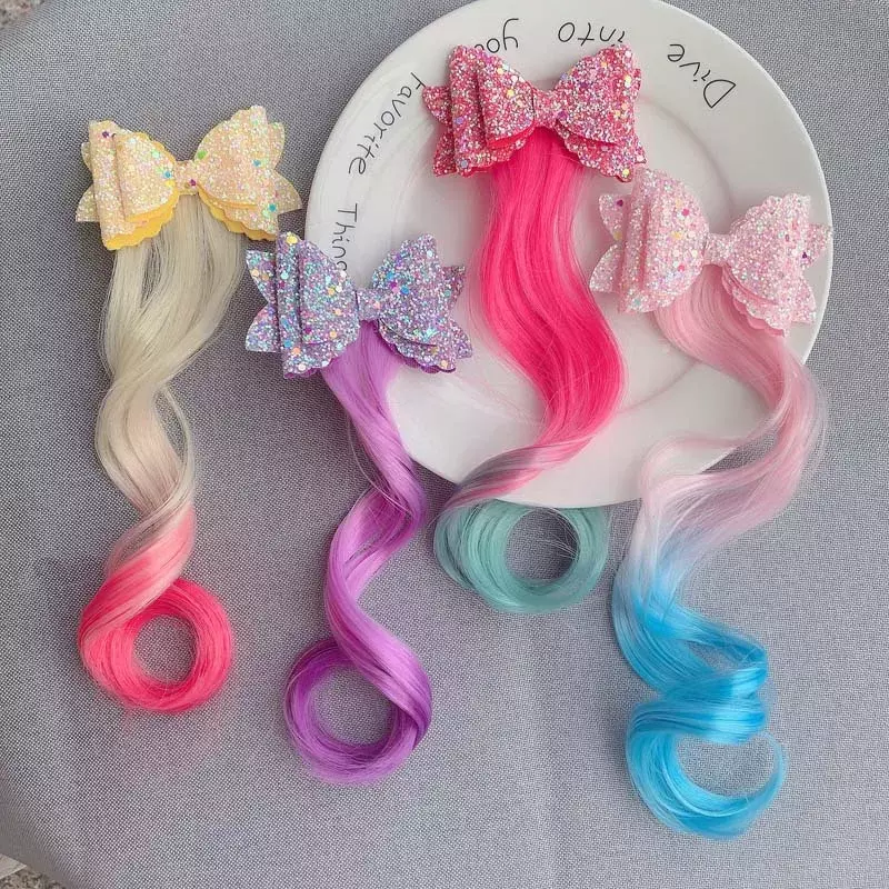 Diademas con lazos para niña, lazos de princesa, pelucas coloridas, pinzas para el pelo de cola de caballo de unicornio, accesorios de regalo para niña