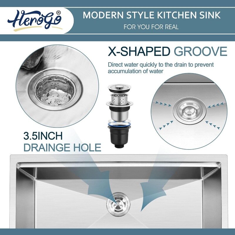 Lavello da cucina sottotop Herogo 33x19 pollici, lavabo da cucina a vasca singola in acciaio inossidabile