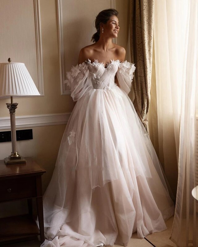 Przepiękne suknie ślubne o linii 2024 kwiatowe krótkie bufiaste rękawy szaty na formalne suknie tiulowe Vestidos De Novia