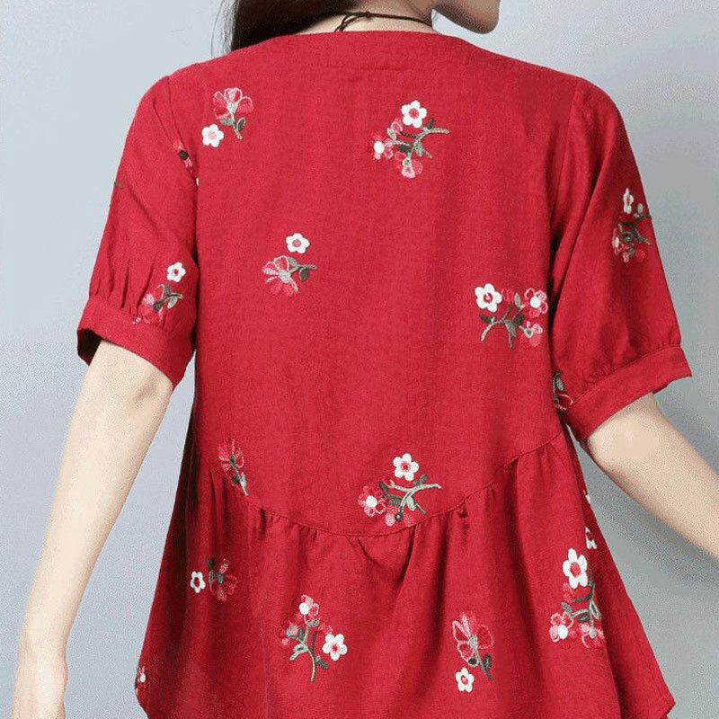 Commute Fashion Embroidery Blouse Folk Summer Short Sleeve Female Clothing Basic Round Neck Casual Loose Waist Irregular Shirt