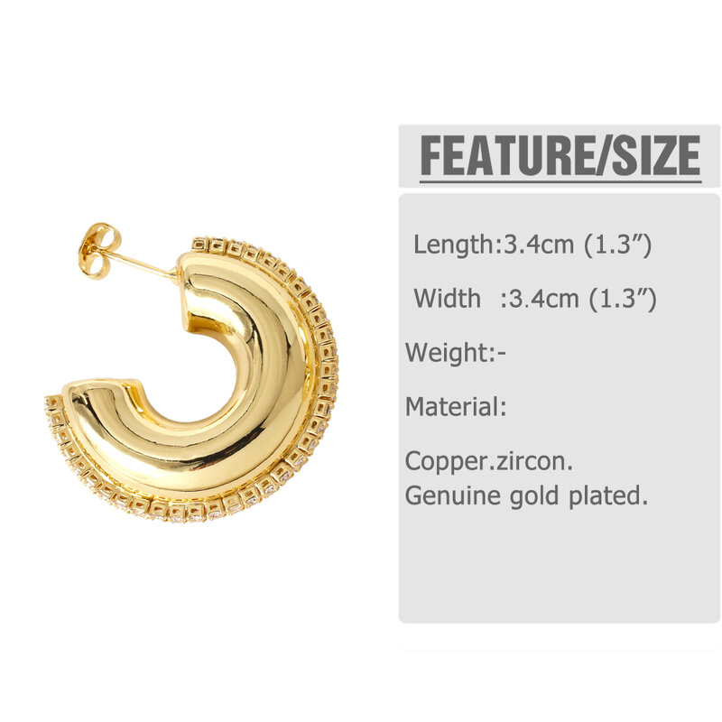 FLOLA-Brincos grandes em forma de C em zircão para mulheres, banhado a ouro, brinco de cobre, joias da moda, presentes para namorada, ersa301