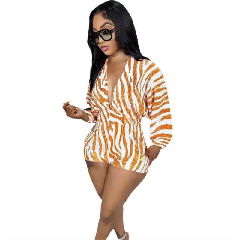 Shorts Jumpsuit Women Autumn Fashion Pit Strip Printed Long Sleeved V Neck Sexy Jumpsuit Elastic Strap Street African Bodysuit