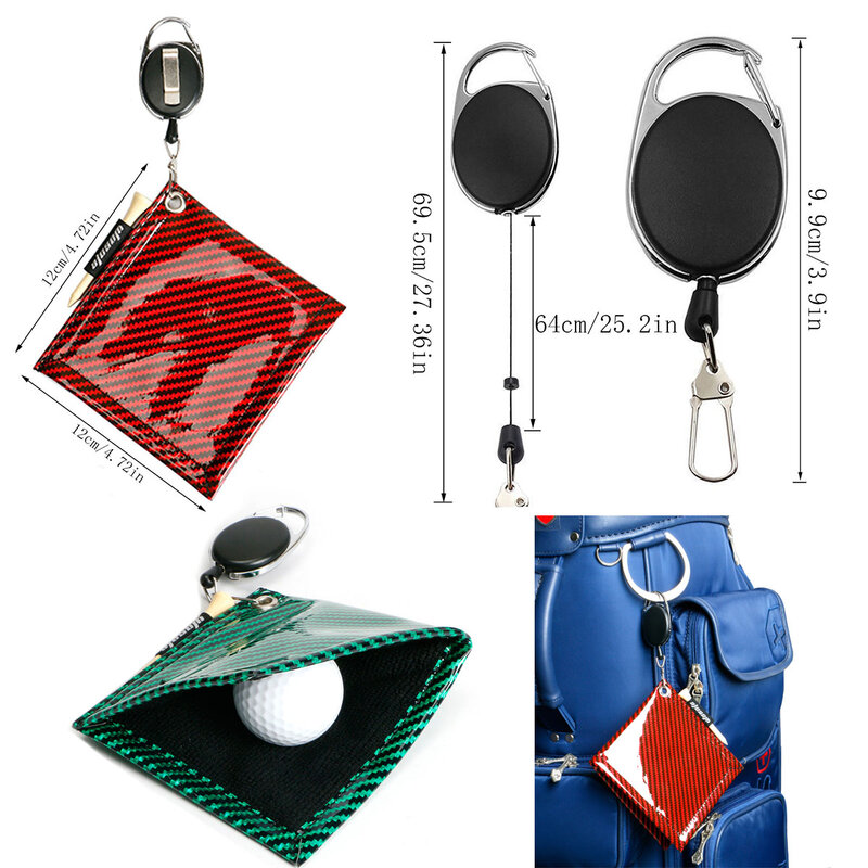 Golf Towel Golf Ball Club Cleaner Golf Ball Cleaning Towel Square Mini with Retractable Keychain Buckle PU Waterproof