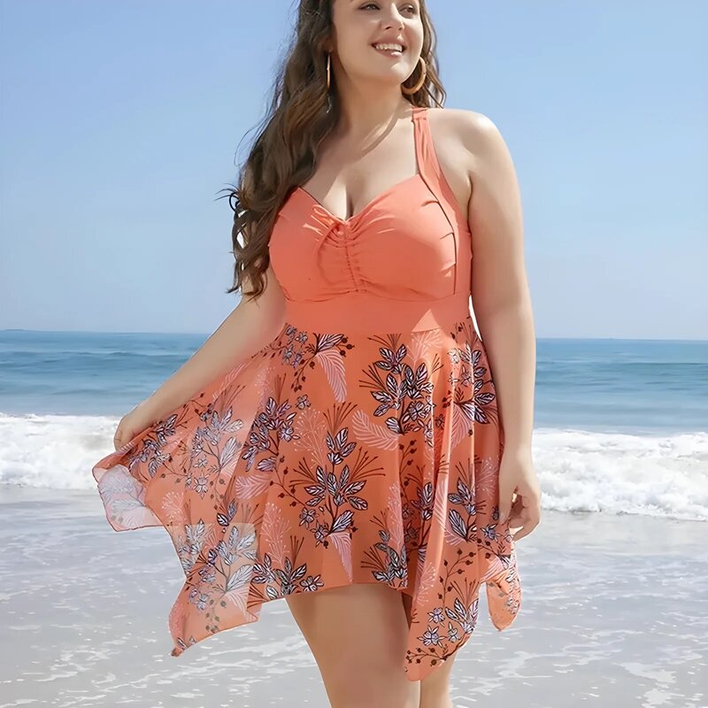 Fato de banho feminino tamanho único, moda praia elegante, vestido estampado, feriado na praia, tamanho grande, tendência, 2024