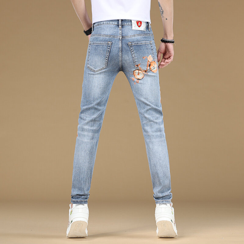 Heren Denim Broek Mode Fashion Printing 2024 Nieuwe Lente En Zomer Ademende Comfortabele Stretch Slim Fit Skinny Jeans