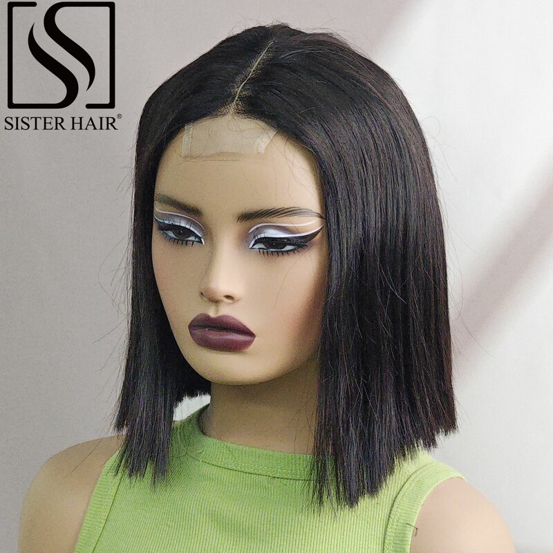 Peruca curta reta de cor natural, cabelo humano brasileiro pré-arrancado, densidade de 180%, renda 2x6