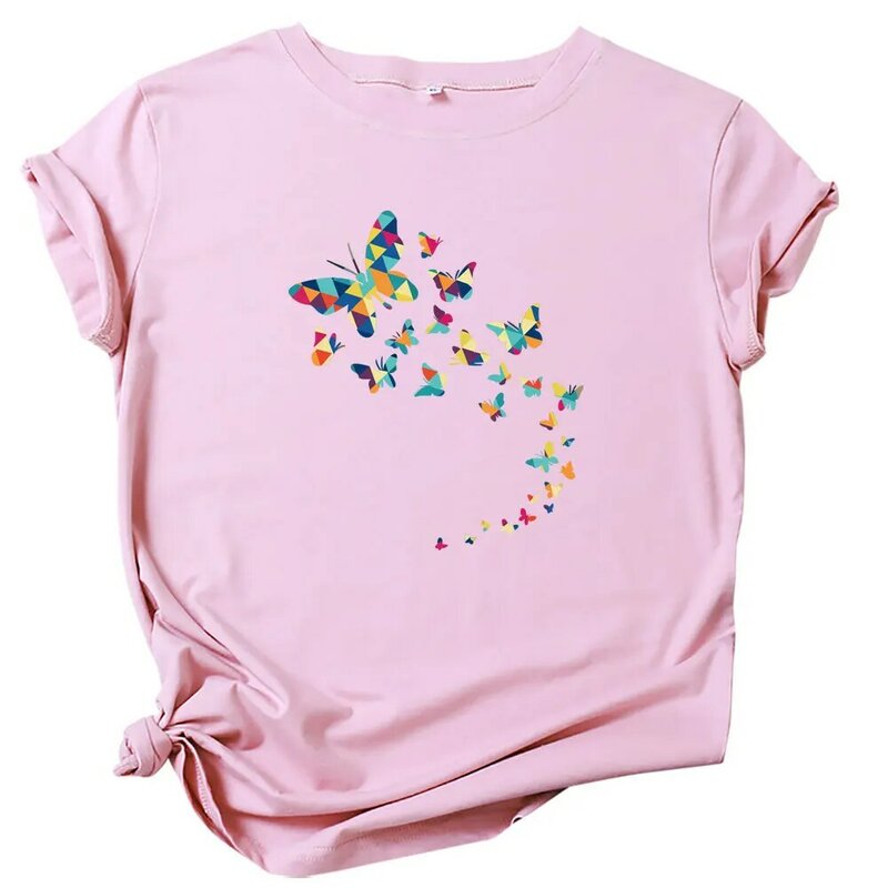 Camiseta de manga corta con estampado de mariposa para mujer, ropa de algodón, Tops de gran tamaño, verano, 100%