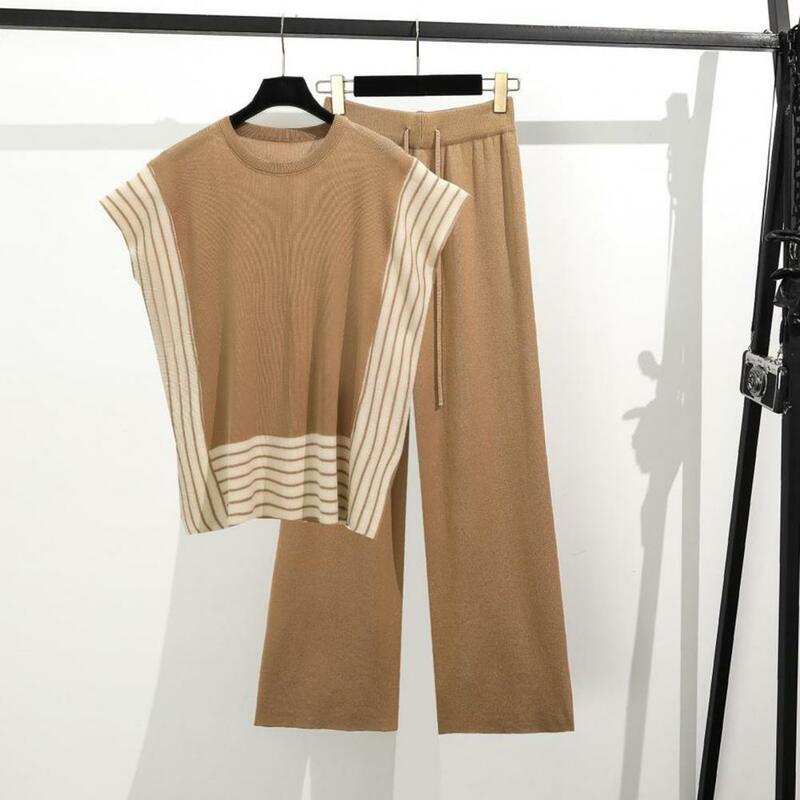 Women Top Pants Set Women's Knitted Striped Two-piece Set with Round Neck Sleeveless Top High Waist Pants Casual Homewear Outfit