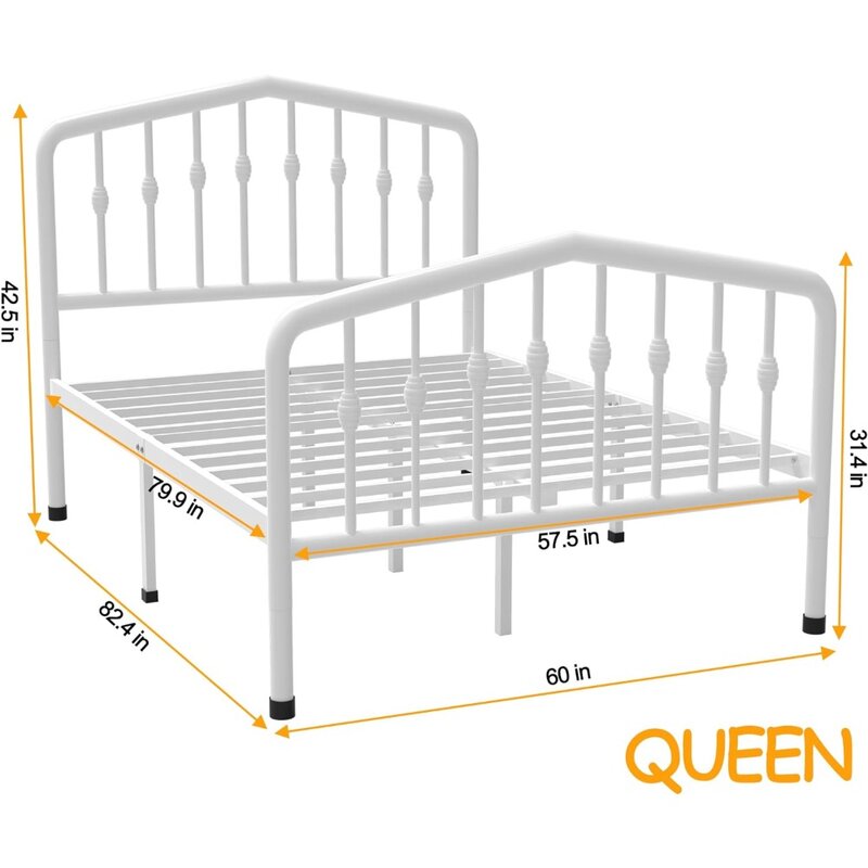 White Queen Bedframe Kids Bed Frame Angel Queen Size Bed Frame Metal With Headboard and Footboard Iron-Art No Box Spring Needed