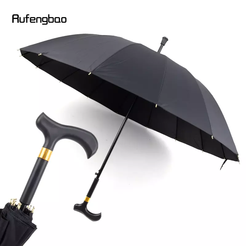 Payung tongkat tahan angin otomatis hitam, payung gagang panjang diperbesar untuk hari cerah dan hujan tongkat berjalan Crosier 86cm