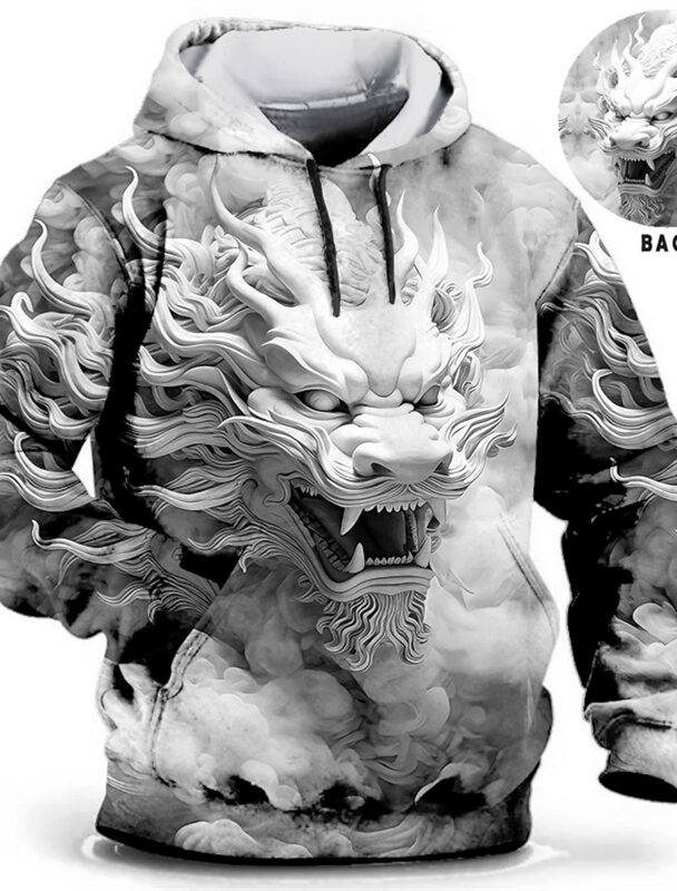 Hoodie Naga Tahun Baru Cina Pria gambar hewan Grafis Harian Klasik Kasual 3D Pullover Streetwear Hoodie lengan panjang bertudung