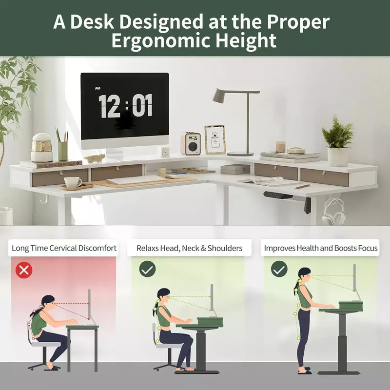 FEZIBO-L Shaped Standing Desk com 4 gavetas, Mesa Elétrica Gaming, Altura ajustável, Móveis Suprimentos, Canto