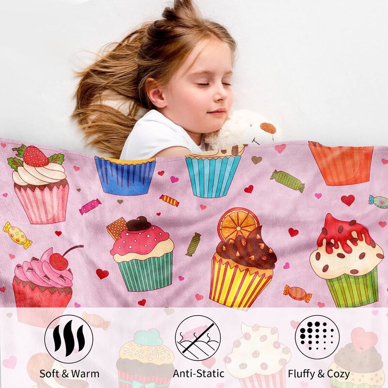 Pink cupcake blanket, ultra soft flange faced air conditioning blanket for girls and boys, suitable for travel and camping
