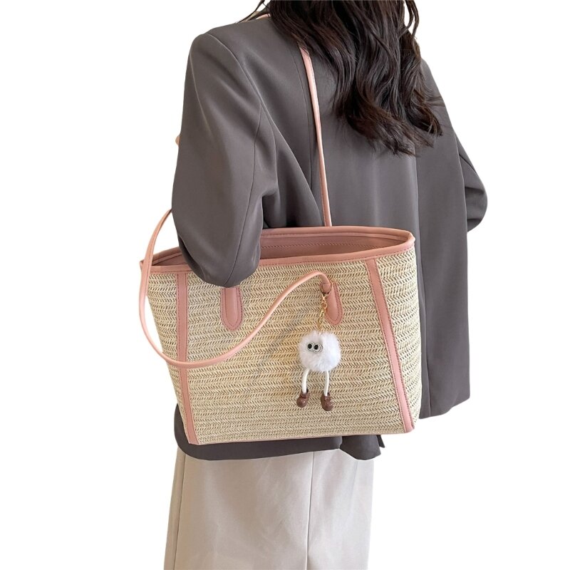 Women Large Capacity Single Shoulder Bag Woven Straw Handbag with Leather Handle