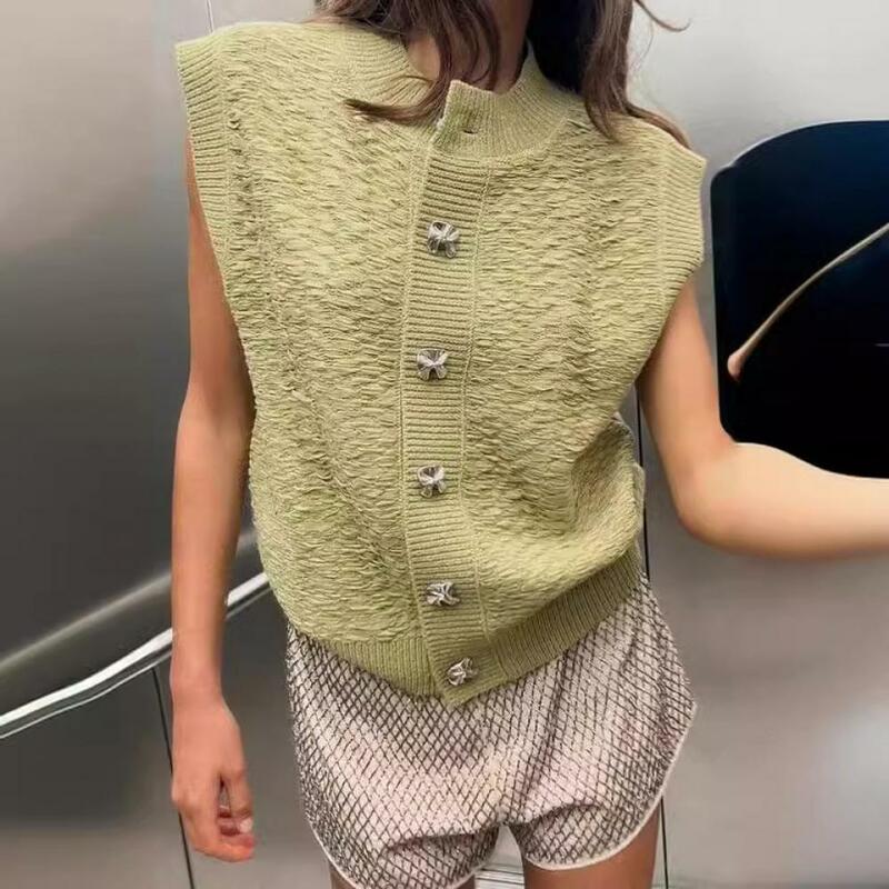 Women Green Knitted Sweater Vest Fashion O-Neck Sleeveless Button Waistcoat Cardigan Vintage Korean Casual Street Jacket Jumper