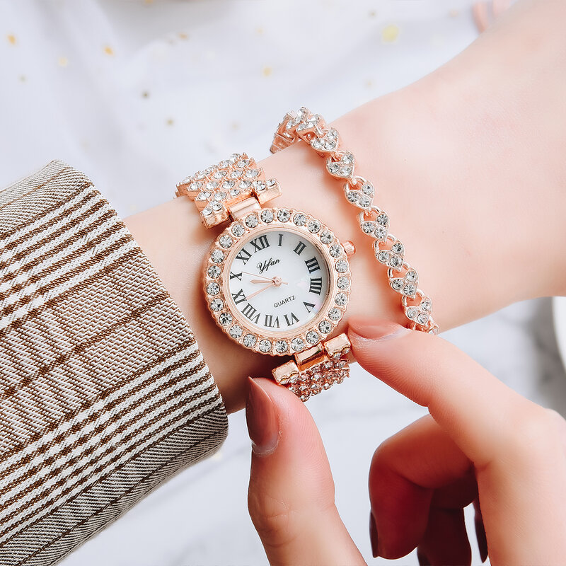 الفاخرة النساء ارتفع الذهب ساعة الموضة السيدات كوارتز الماس ساعة اليد أنيقة الإناث ساعات يد 2 قطعة مجموعة Reloj Mujer