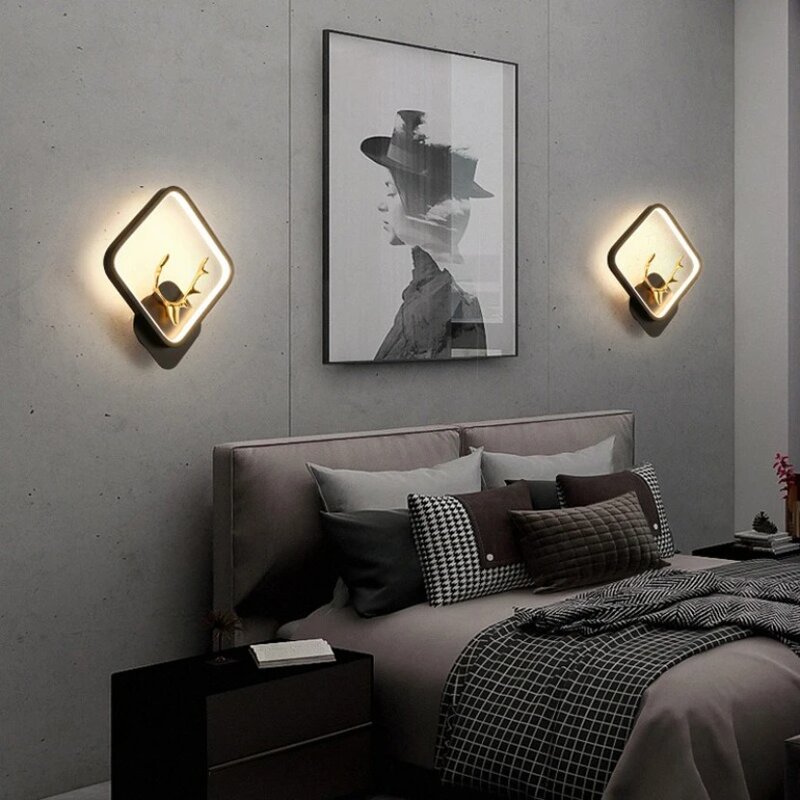 모던 크리에이티브 사슴 머리 장식 LED 벽 램프, 거실 배경 벽, 침실 침대 옆 실내 조명 고정장치