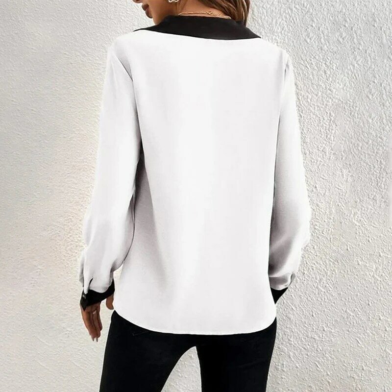 女性用VネックTシャツ,長袖ストレートトップ,対照的な色,カジュアルな日常着,ファッショナブル,秋冬