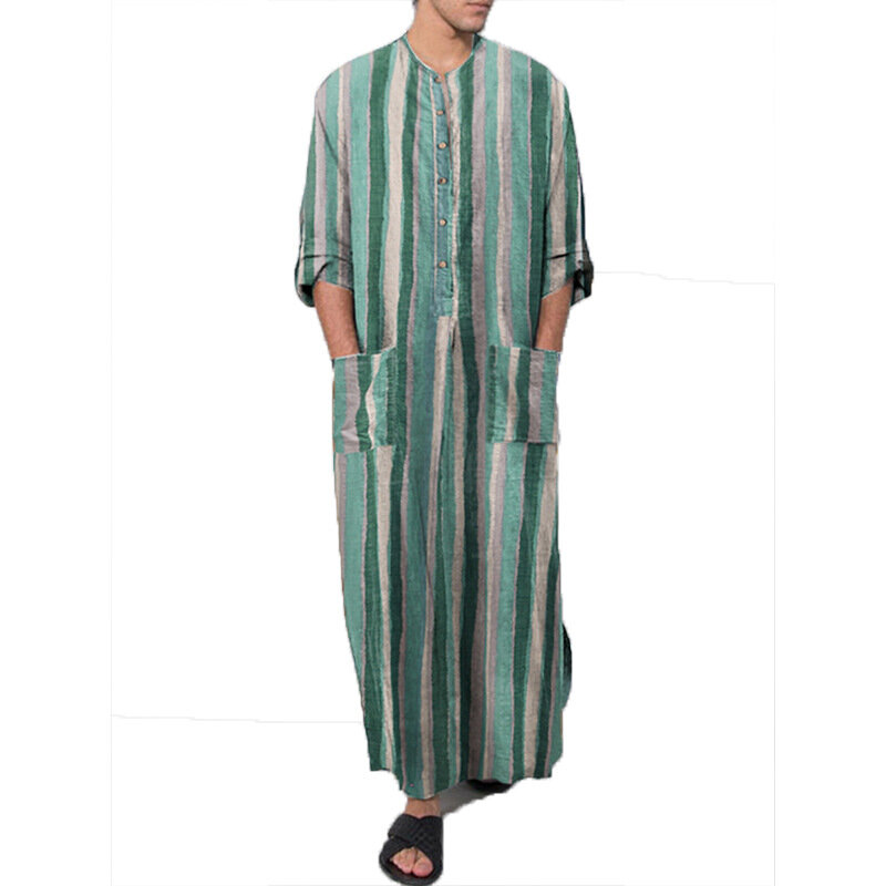 2024 New Men's Muslim Fashion Robes Striped Print Long Sleeve Casual Vintage Islamic Clothing Arab Dubai Kaftan Jubba Thobes