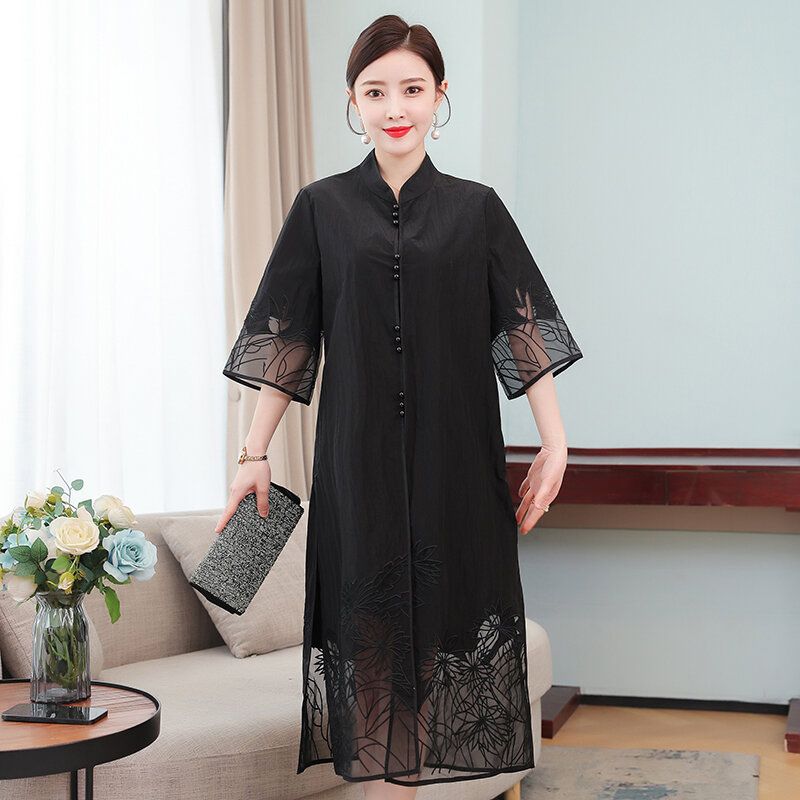 2023 Spring and Summer New Silk Windbreaker Women's Black Vintage Chinese Standing Collar Embroidery Medium Length Outwear Dress