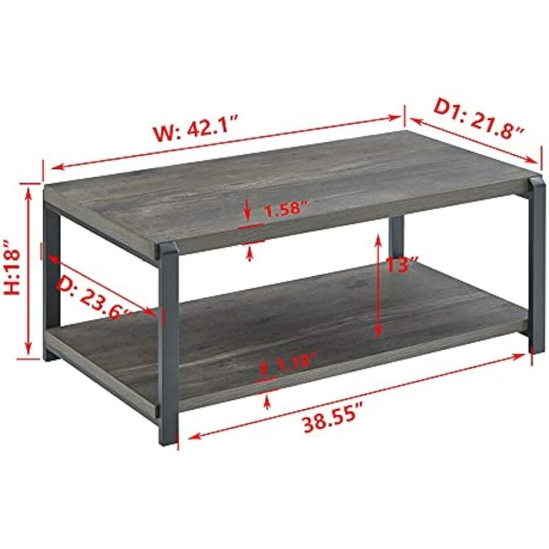 Rustic Wood and Metal Cocktail Table for Living Room Coffee Table With Storage Shelf Grey Café Furniture
