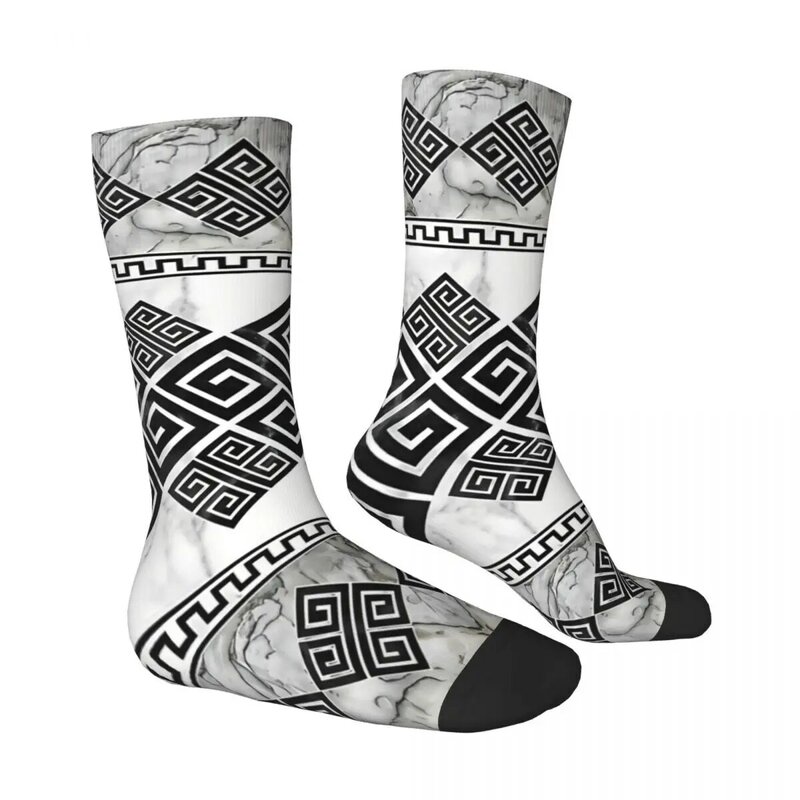 Black And White Marble Greek Key Ornament Meander Kawaii Socks Shopping Cartoon Pattern Socks