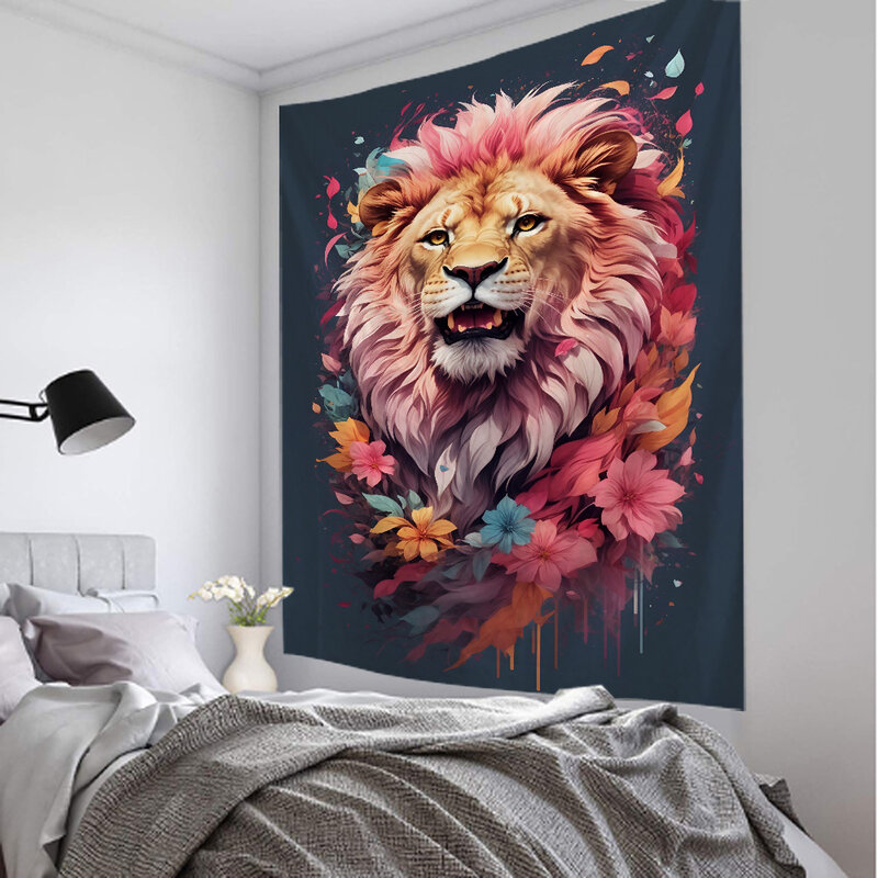 Permadani bunga singa, dekorasi seni dinding hewan warna-warni, cetakan poliester, rumah, kamar tidur, asrama, hiasan dinding hippie