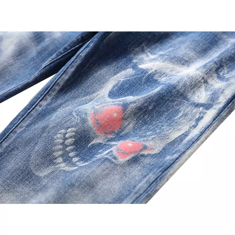 Celana jeans elastis motif 3D, celana panjang denim ramping kasual kepribadian bercetak pola Y2K jeans Eropa dan Amerika 3D