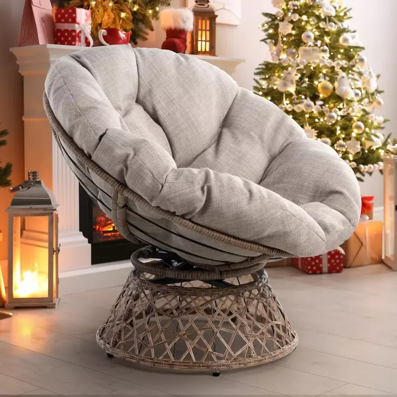 Ergonomiczne wiklinowe krzesło Papasan z miękką, grubą poduszką z tkaniny, stalowa rama o dużej pojemności, obracana o 360 stopni