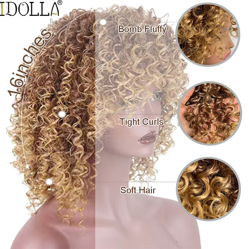 Idolla-peluca sintética Afro rizada con flequillo para mujeres negras, peluca rubia degradada Natural, peluca de Cosplay
