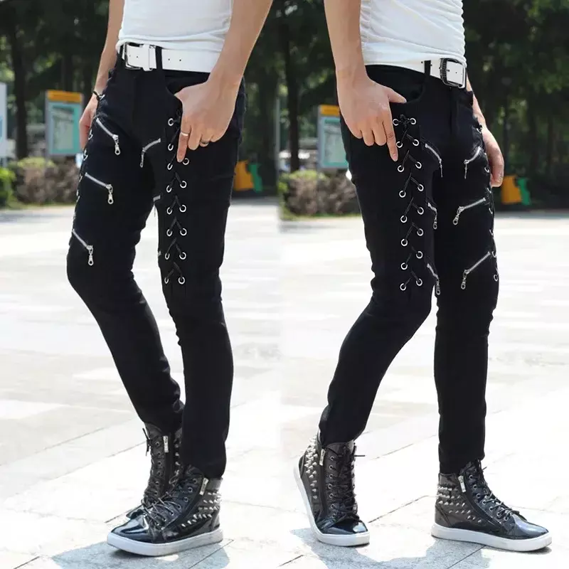 Mode Koreaanse Stijl Zwarte Skinny Jeans Knie Rits Luxe Heren Streetwear Slim Jeans Met Gaten Vrijetijdskleding Motorfiets Jeans