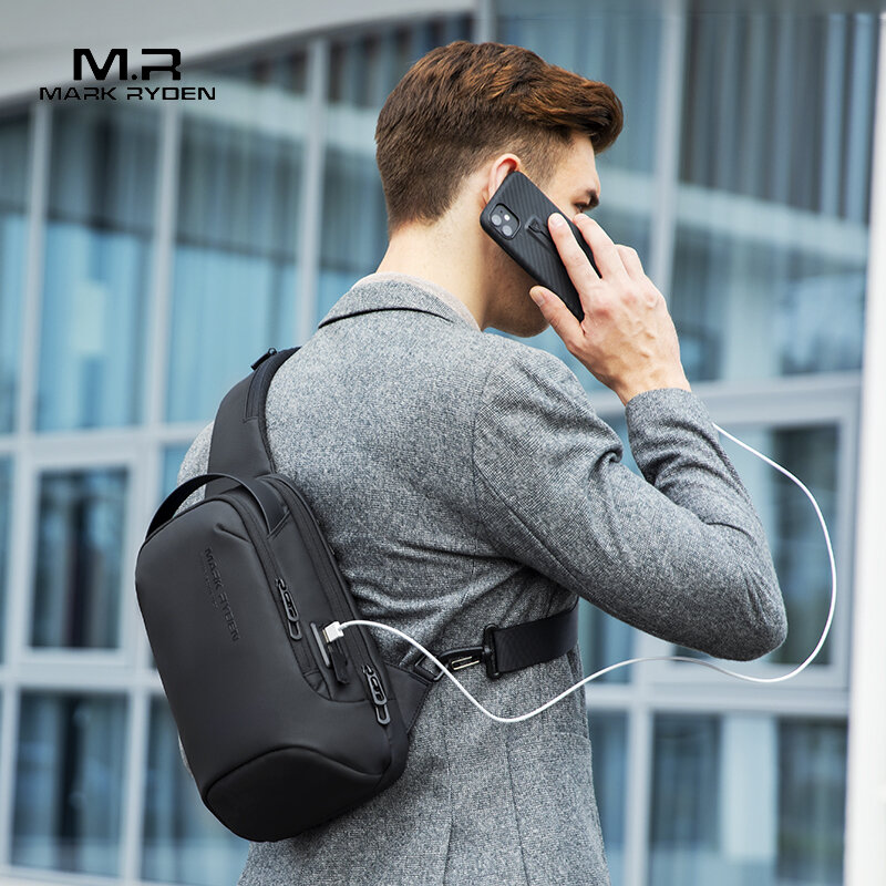 Mark Ryden Men Water-repellent Sports Chest Bag Travel Shoulder Bag  Anti-theft Crossbody Bags USB Charging Messenger Bag