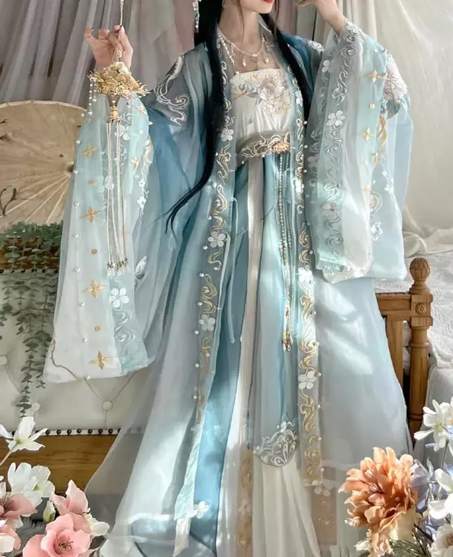 Hanfu ชุดสตรีสไตล์จีนโบราณแบบปักเกรดสูงไล่ระดับสีฟ้าชุดงานคาร์นิวัลชุดคอสเพลย์ผู้หญิง