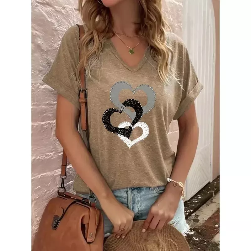Camiseta extragrande em forma de coração feminina, Tops de manga curta, camisa 3D, camiseta feminina, roupa com o pescoço, moda verão, 2023