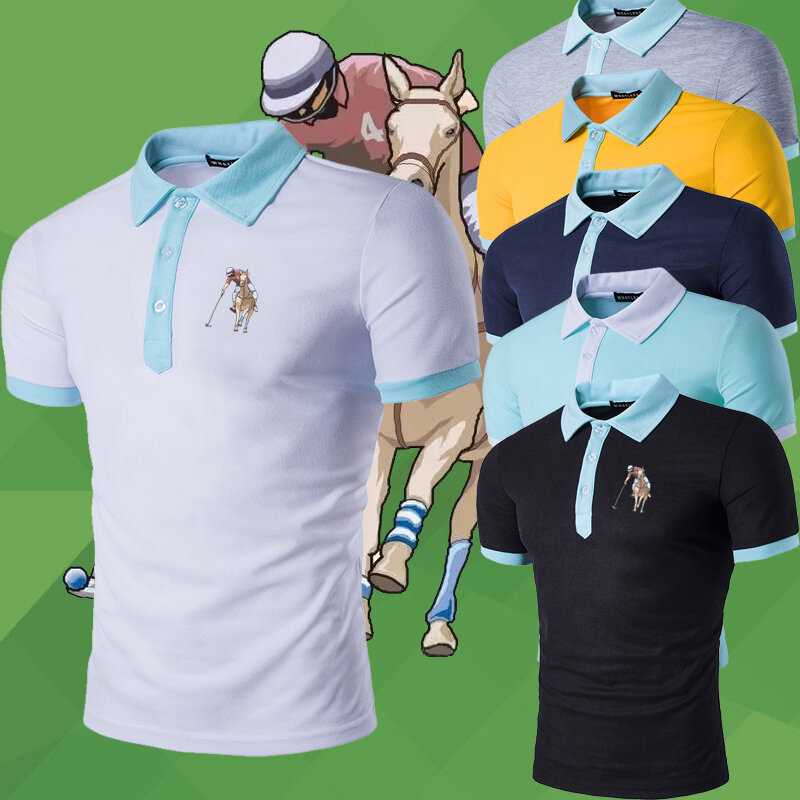 Z krótkim rękawem Top Color Block koszulka lato nowa z klapami odzież męska koszulka Polo