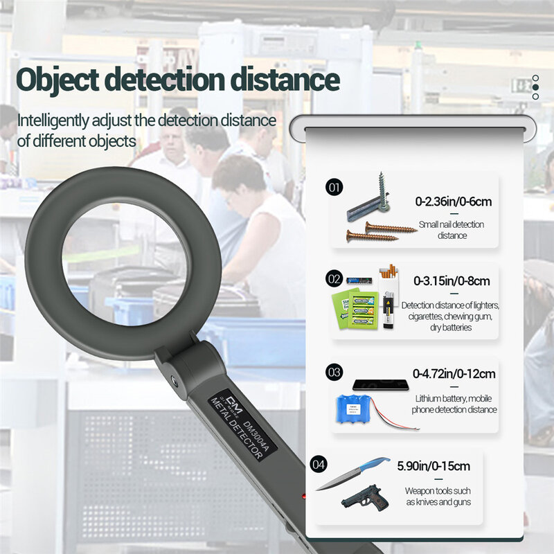 Detector de Metales DM3004A, alarma de mano, escáner de Metal de alta sensibilidad, verificador de seguridad, Pinpointer, bobina de búsqueda, herramienta de detección de metales