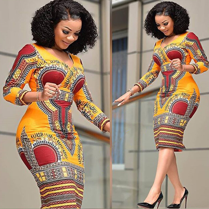 Vestido com estampa estilo étnico feminino, apertado com decote em v, saia linha A, roupas femininas africanas, pacote quadril, nova moda, 2022