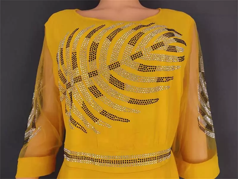2023 Explosive Style African Long Skirt Plus Size Women's Heavy Industry Hot Diamond Chiffon Mid-sleeve Dress 8628#