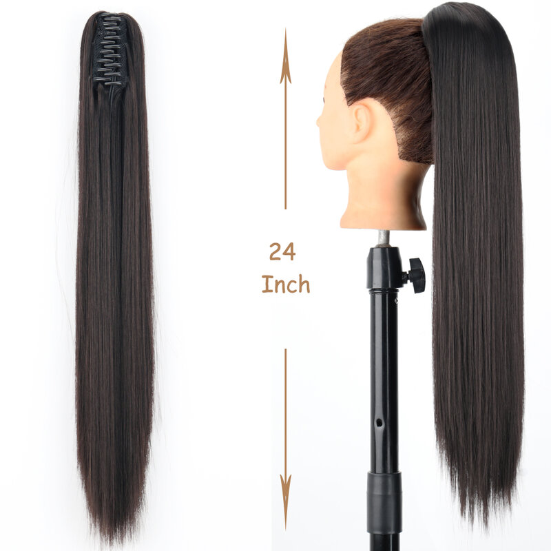 Extensão reta longa sintética do cabelo do rabo de cavalo para mulheres, cauda do pônei, hairpiece do cabelo, grampo da garra, 24"