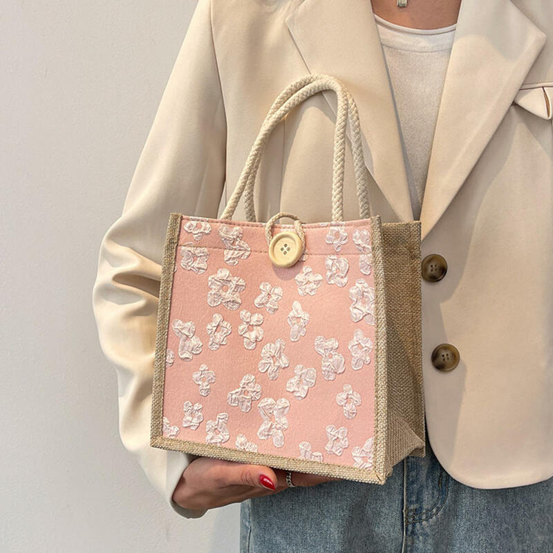 Modna lniana torba o dużej pojemności wielokrotnego użytku torba na zakupy kobiet nadruk w kwiaty torebka torba na zakupy 2023
