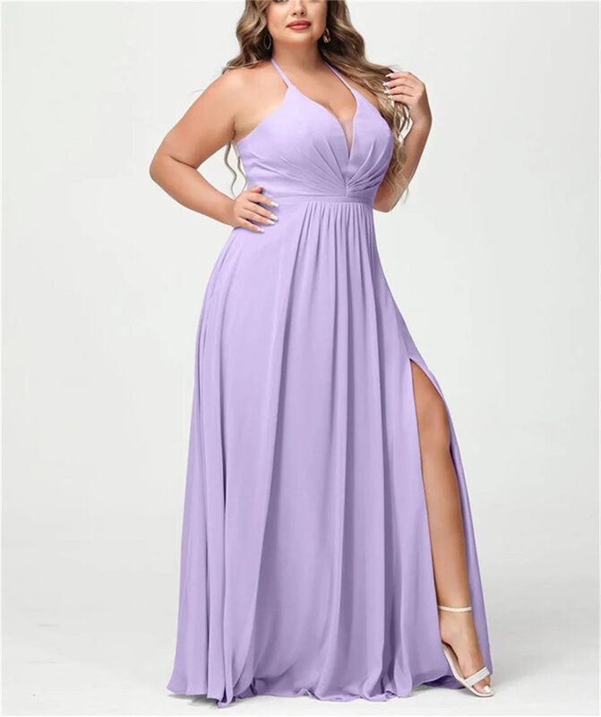 Elegant Plus Size V-Neck Chiffon Bridesmaid Dresses for Wedding High Slit A-Line Backless Pleated Formal Party Gowns With Pocket